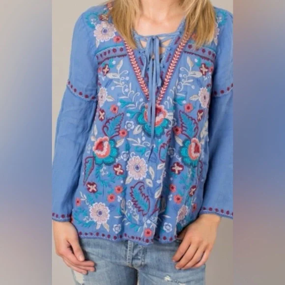 Johnny Was Oman Laceup Swing Blouse Embroidered Blue v neck small Top - Picture 2 of 12